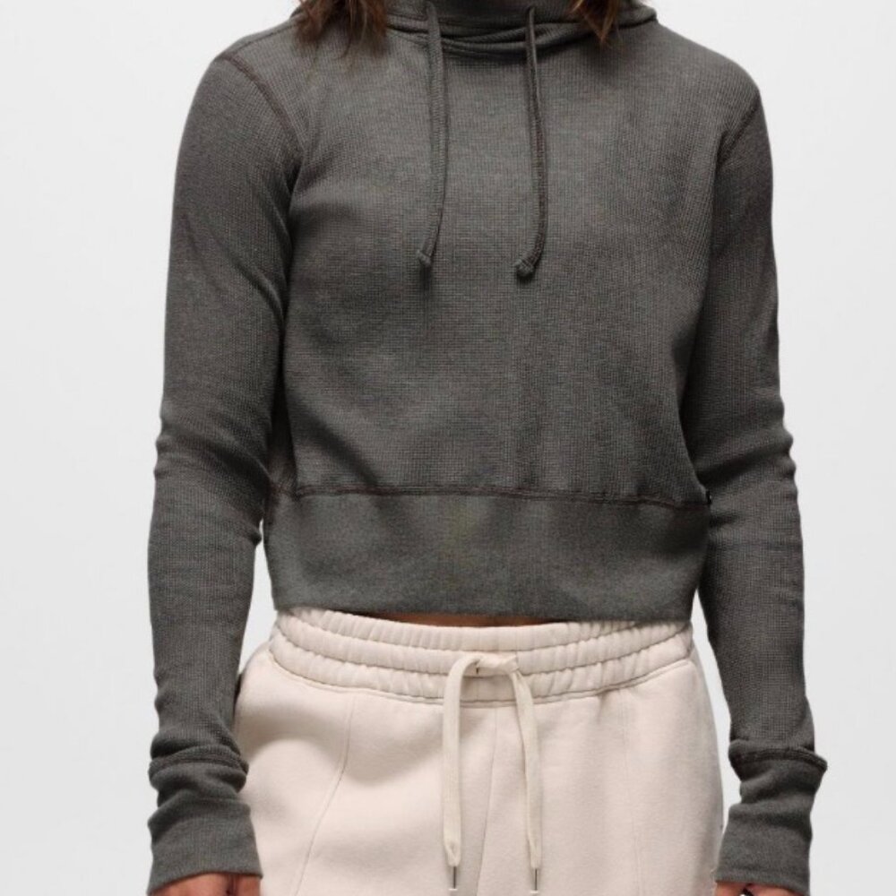 Prana Touchstone Cropped Hoodie XL Dark Gray Waffle Knit Thermal Sweatshirt